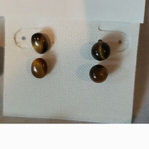 2 Pairs- Tiger's Eye Brown Stud Earrings- Round & Oval